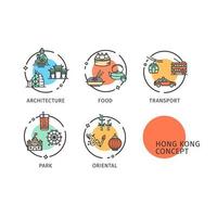 Hong Kong Travel and Tourism Concept Thin Line Icons Labels Set. Vector