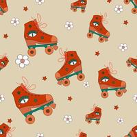 Vector seamless pattern retro 70s hippie psychedelic groove elements background with roller skates in vintage style