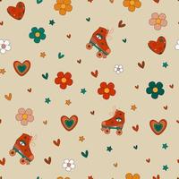 Vector seamless pattern retro 1970s psychedelic groove elements background with roller skates glasses