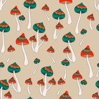 Seamless pattern retro 70s hippie psychedelic groove elements background with mushroom in vintage style illustration vector