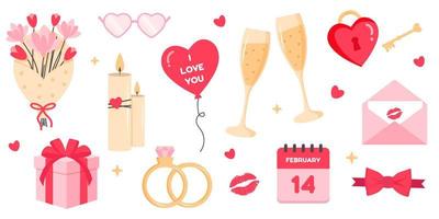 Valentine day set in flat style - two glasses of champagne, heart shaped baloon, calendar, gift, lock, key, envalope, rings. Perfect for scrapbooking, greeting card, party invitation, poster, tag. vector