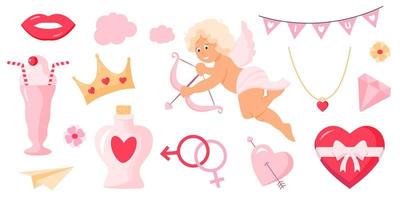 Valentine day set in flat style - cupid, flowers, crown, lips, cocktail, love potion, necklace, garland, diamond, gift. Perfect for scrapbooking, greeting card, party invitation, poster, tag. vector