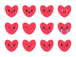 Set of heart, love, romance or valentine's day red vector icon with kawaii emoji for apps and websites