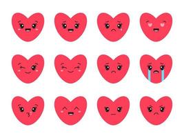 Set of heart, love, romance or valentine's day red vector icon with kawaii emoji for apps and websites