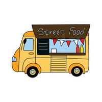 Yellow foodtruck with street food. Urban mobile cafe. Transport delivery - market of food vector
