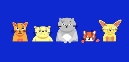 Five different cats on a blue background. Pet characters with different breeds. Cute flat illustration vector