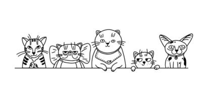 Cats line characters. Different pets breeds. Cute animals in outline style. Vector illustration in simple doodle style