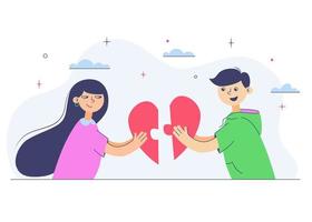 Lovers man and woman stack their heart like a puzzle. Isolated on white background. vector