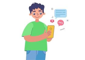 Boy using mobile phone, texting, messaging or chatting with friends online, looking at smart phone vector