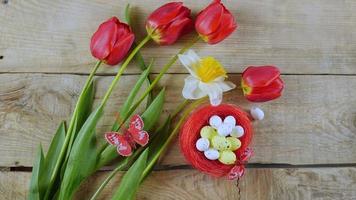 Bouquet of tulips, Easter eggs. Minimal concept. copy space photo