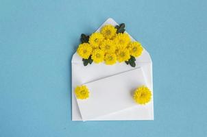 sobre con flores. hermosas flores en un sobre de correo sobre un fondo blanco. tarjeta de felicitación para las vacaciones. colores amarillo-azul. copie el espacio foto