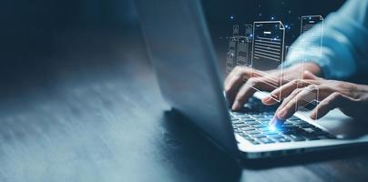 Online documentation database and process automation to efficiently manage files, IT staff working with Document Management System  Corporate business technology. Cognition on modern management. photo