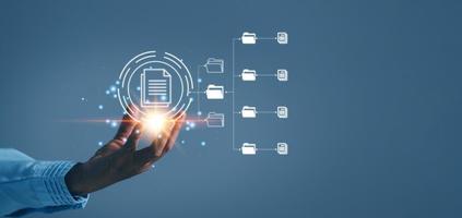 Online documentation database and process automation to efficiently manage files, IT staff working with Document Management System  Corporate business technology. Cognition on modern management. photo