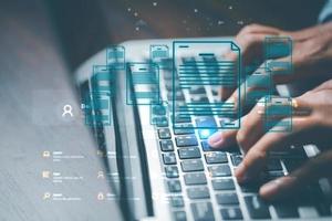 Online documentation database and process automation to efficiently manage files, IT staff working with Document Management System  Corporate business technology. Cognition on modern management. photo