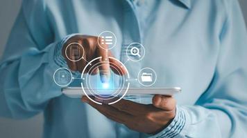 Online documentation database and process automation to efficiently manage files,  staff working with Document Management System DMS, Corporate business technology. Cognition on modern management. photo
