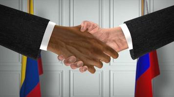 Colombia and Russia deal handshake, politics 3D illustration. Official meeting or cooperation, business meet. Businessmen or politicians shake hands photo