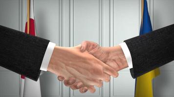 Japan and Ukraine diplomacy deal 3D illustration. Businessman partner handshake. National flag on background photo