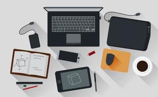 Office Workspace Computer Top View Flat Design vector