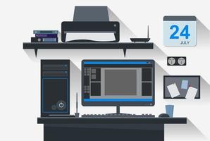 espacio de trabajo oficina computadora diseño plano creativo vector