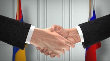 Armenia and Russia deal handshake, politics 3D illustration. Official meeting or cooperation, business meet. Businessmen or politicians shake hands photo