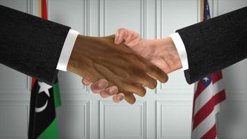 acuerdo comercial de asociación entre libia y estados unidos. banderas del gobierno nacional. ilustración 3d de apretón de manos de diplomacia oficial. acuerdo empresario darse la mano foto