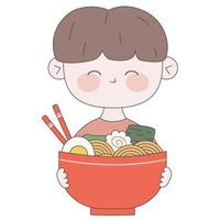 chico lindo con un plato de ramen. ilustración de comida japonesa kawaii. fideos japoneses tradicionales. comida asiática. vector