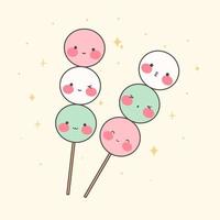 tradición japonesa kawaii sanshoku dango. dulce dango. dulces tradicionales japoneses. comida asiática. ilustración vectorial de acciones. vector