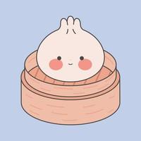 lindas albóndigas con diferentes emoticonos en una tabla de bambú. dim sum kawaii. cocina tradicional asiática. ilustración vectorial en estilo plano de dibujos animados. vector