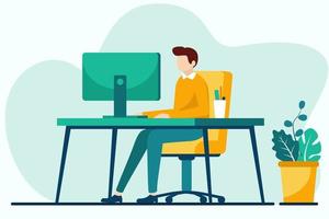 Young man working on computer at home. Vector illustration in flat style