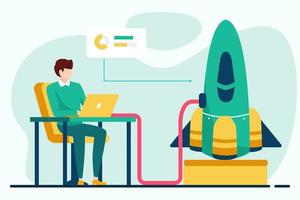 Startup business vector illustration. Flat style design. Businessman with laptop sitting at the table and working on rocket.