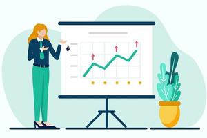 Business woman presenting graph on whiteboard. Vector illustration in flat style