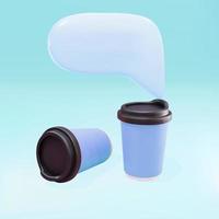 Two paper coffee cups on a blue background with a chat bubble. Vector illustration.