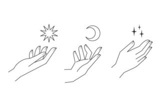 Aesthetic hands vector linear illustrations. Stylized elegant hand drawings with different gestures.