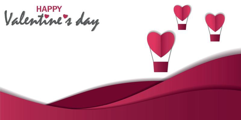 Wide banner on a white background with the inscription Happy Valentines Day with hearts in the form of balloons. With place for text and copy space. Postcards, envelopes, website banners, posters