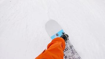 POV shot of snowboarder looking down at the front of his board video