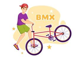 ilustración de deporte de bicicleta bmx con jóvenes en bicicleta para banner web o página de inicio en plantilla de fondo de dibujo a mano de dibujos animados plana vector