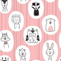 Seamless pattern with cute animals in Scandinavian style. Vector funny illustration for children.