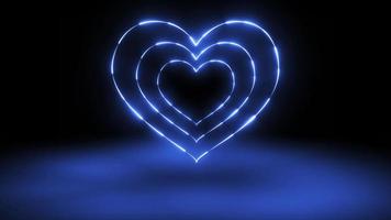 animation en forme de coeur néon avec sol 3d. animation néon en forme de coeur rougeoyant sur fond noir. fond d'animation en forme de coeur néon. fond d'animation coeur romantique. forme d'icône de coeur néon video