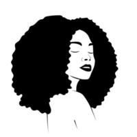 negro afro afroamericano niña mujer dama vector retrato cabeza cara silueta con ondas naturales pelo puff peinado dibujo ilustración .logo para salón de belleza. impresión de la camiseta