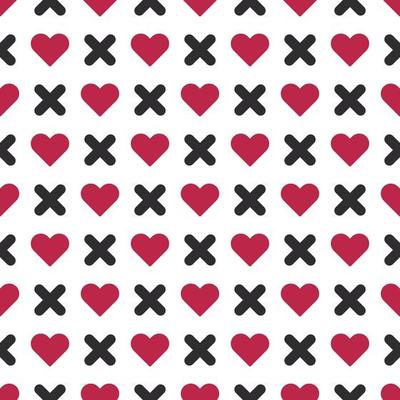 Seamless background pattern. Red heart shape and black cross. Texture design for fabric, tile, banner, template, card, poster, backdrop, wall. Vector illustration.
