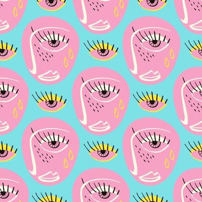 Freaky Abstract sad face seamless pattern. Valentine's Day Funky Bizarre face background .