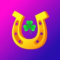 Golden horseshoe with green three-leaf clover. Sign of good luck, wealth or success. St Patrick's day symbol, leprechaun leaf, celebration of the Irish holiday. Clip art. Vector illustration