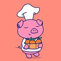 Cute pig holding carrot cartoon vector icon illustration