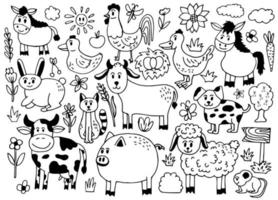 Farm hand drawn big set with different animals. Doodle style drawing. Vector illustration