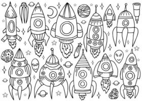 Hand drawn doodle collection with different cosmic ships isolated on white background. vector