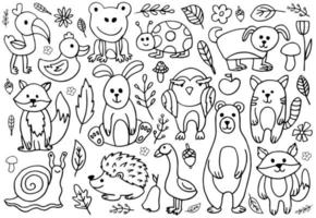 conjunto de animales dibujados a mano. linda colección de línea de granja o bosque vector