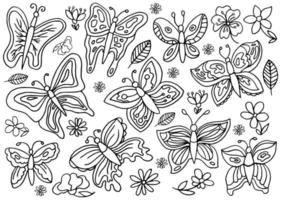 Set with hand drawn butterflies isolated on white background. Flowers and insects spring collection. Vector illustration