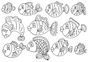 Hand drawn fish set in line style. Coloring page. Vector illustration
