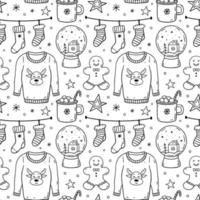 Cute xmas seamless pattern with snow globes, ugly sweaters, Christmas socks, cocoa with marshmallows and gingerbread. Vector hand-drawn doodle illustration. Perfect for wrapping paper, decorations