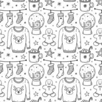 Cute xmas seamless pattern with snow globes, ugly sweaters, Christmas socks, cocoa with marshmallows and gingerbread. Vector hand-drawn doodle illustration. Perfect for wrapping paper, decorations